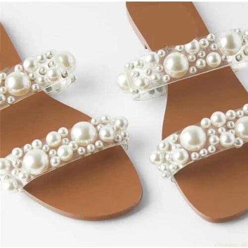 2021 Fashion Pearl Flat Sandals Women PVC Transparent Non-slip Besch Slippers Woman Summer Outdoor Casual Slides Plus Size 43