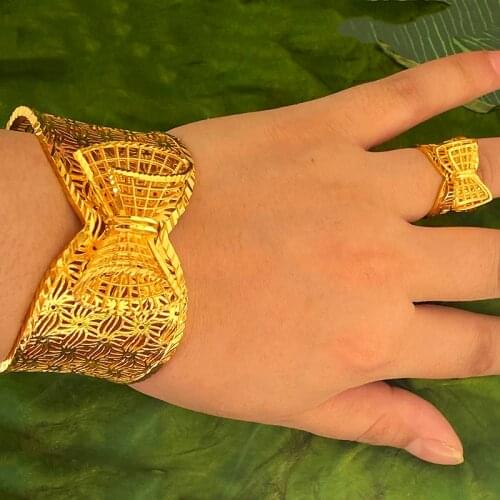 Bow Tie Dubai Bangle for Women 24k Gold Color BOHEMIA African India Bracelet with ring Saudi Arabia Bridal Wedding Gifts