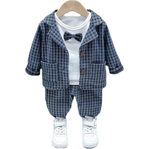 Infant Kids Plaid Suit Baby Clothes Autumn Children Clothing Set Formal Gentleman 3Pcs Outfit for Boy Toddler 1 2 3 4 Years Old