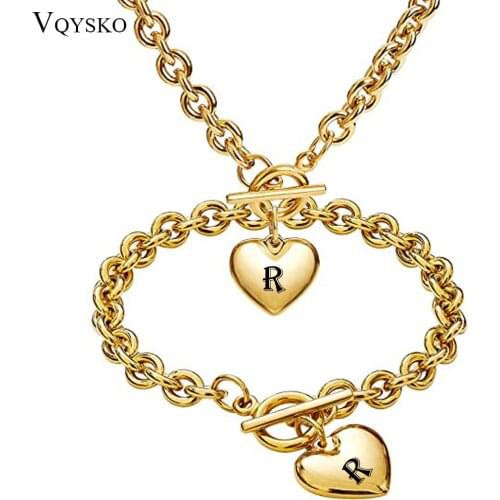 Fashion Woman Letter A-Z Engrave Heart Jewelry Set Gold Color Stainless Steel Oval Rolo Chain Necklace Bracelet Sets For Women