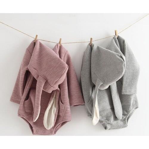 Baby Costume Newborn Baby Boys Girls Long Sleeve Rabbit Ears Grey Pink With Hooded Infant Bodysuit Outwear Clothes for 0-3Y