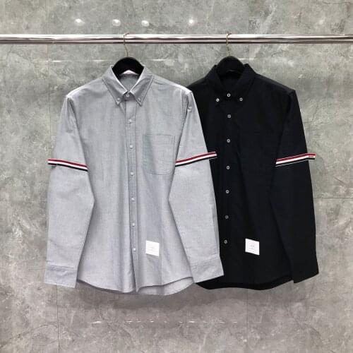 2021 Fashion TB THOM Brand Shirts Men Slim Black Long Sleeve Casual Shirt Turn Down Collar Oxford Cuff ribbons Mens Clothing