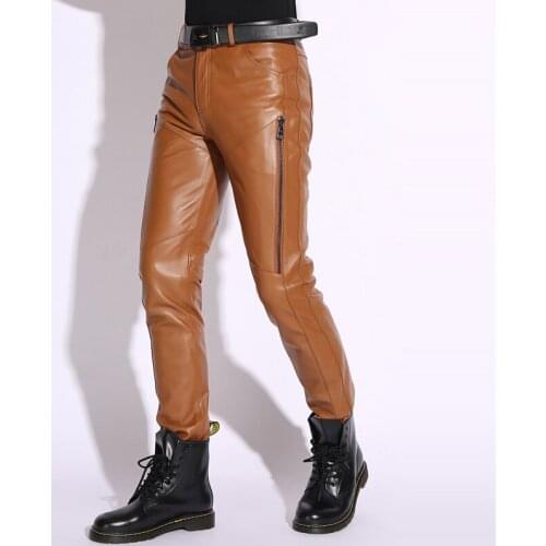 Mens Genuine Leather Pants Real Leather Sheepskin Motorcycle Zipper Hip Hop Autumn Winter Windproof Male Trousers Plus Size