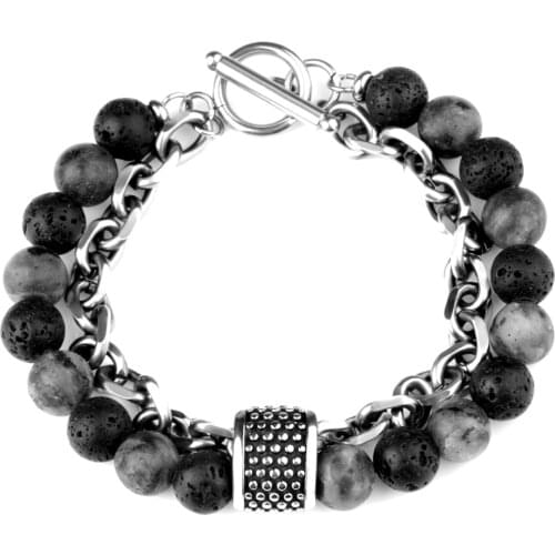 8MM Volcanic Stone Bracelets OT Buckle Vintage Stainless Steel Tiger-Eye Black Agate Rock and Punk Style Accessories For Men