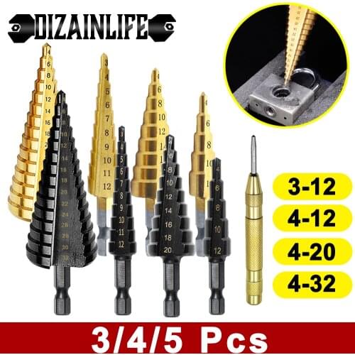 3 / 4 / 5 pcs HSS Step Drill Bit Set Cone Straight Groove Titanium Coated Pagoda Metal Wood Power Hole Cutter Core Drill Bit Set