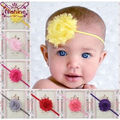 Nishine 15 Colors Newborn Shabby Chiffon Flower Elastic Headband Children Headwear Hair Accessories Kids Photography Props