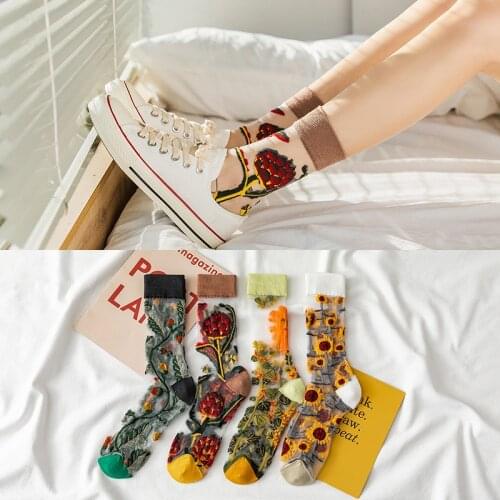 Novelty Harajuku New Product Crystal Silk Tide Socks Funny Sunflowers Vines Flowers Happy Women Socks Casual High Quality Sox