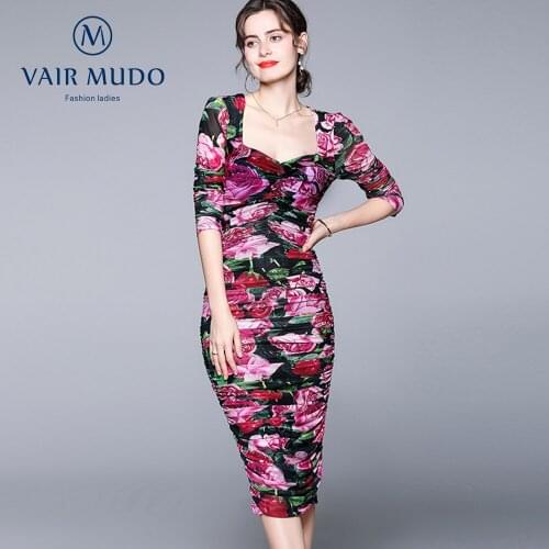 2021 New Women Dress Sexy Elegant Puff Sleeves Mesh Gauze Pleated Elastic Waist Bag Hip Print Catwalk Long Dress New ProductY-87