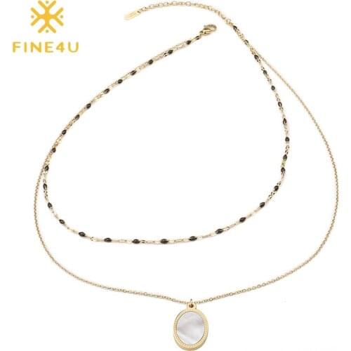 FINE4U N485 Stainless Steel Layered Choker Necklace 1.5mm Beads Rosary Jewelry For Women Oval Charm Jewelry with White Shell