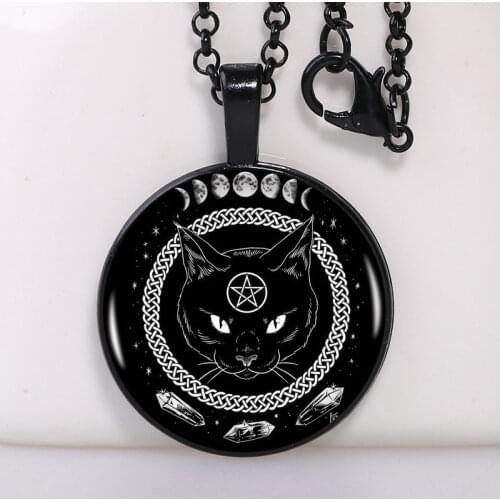 Initial necklace Mysterious Black Cat Glass Convex Round Pendant Necklace Cartoon Cat Time Accessories Necklace Necklace Pendant