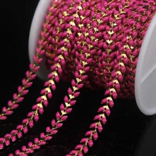 Plated Gold Rose red Chevron Enamel Crafts Beaded Rosary Chains,Arrow Shape Lampwork Glass Link Copper Chain Necklace Jewelry