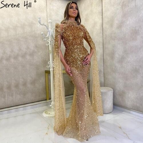 Serene Hill Gold Luxury Elegant Mermaid Evening Dresses Gowns 2020 Cape Sleeves Beading Sexy For Women Party LA70833