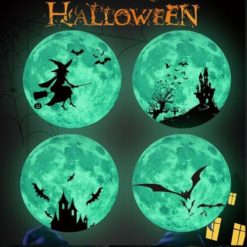 2021 New 30cm Luminous Moon Halloween Crow Bat Castle Pumpkin Holiday Window Decoration Self-adhesive Fluorescent Sticker DIY