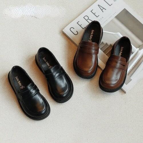 Childrens PU Leather Shoes Spring Boys Black Single Shoes Girls Retro Pedal Peas Shoes Spring & Autumn Unisex Fashion Shoes