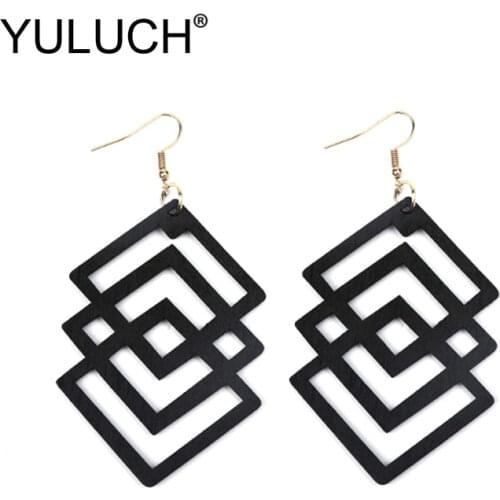 YULUCH Wooden Hollow Earrings Geometric Irregular Overlapping Square Pendant Earrings for Women Ethnic Vintage Jewelry Gifts
