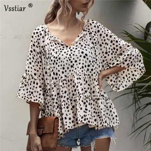 Fashion Print Polka Dot Blouse Women 2020 Sexy V Neck Three Quarter Flare Sleeve Loose Shirt Casual Plus Size Blouses