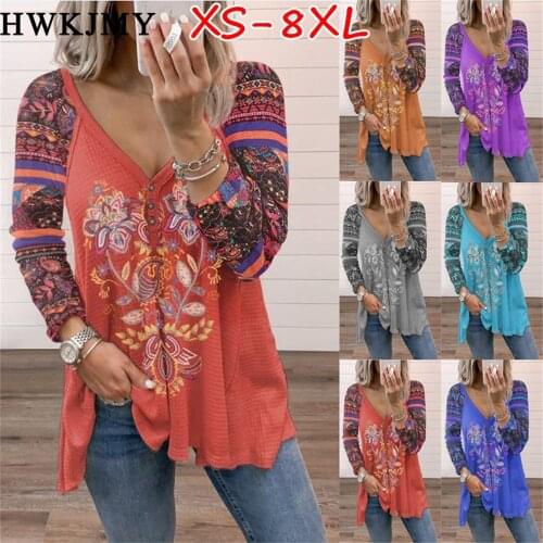 Womens Fashion Clothes Casual V-neck Long Sleeve Tops Ladies Printing Tees Loose T-shirt Plus Size 8XL Cotton Shirts