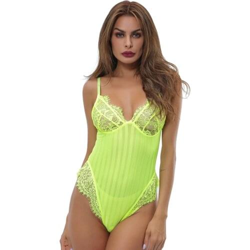 Sexy lace backless bodysuit women floral embroidery deep V neck female costumes jumpsuit overalls S-XL pajamas CYHWR