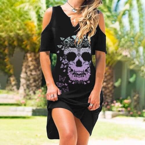 Summer Dress Women Casual Tunic Loose Raglan Sleeve Skull Print Female Dress Streetwear Side High Split Flower Female Vestido
