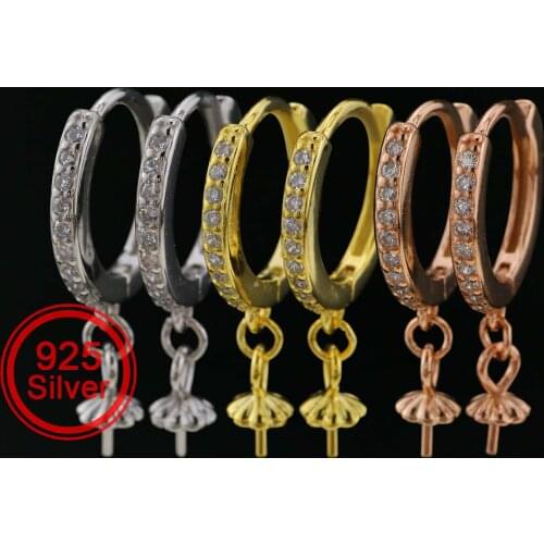13MM Round Hoop Earrings Settings with CZ Stone for Half Drilled Pearl Beads Gold Plated Solid 925 Sterling Silver DIY 1706066