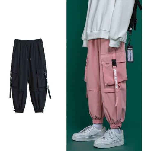 2021 New Men And Women Elastic Sweatpants Overalls Cargo Hip Hop Pocket Ribbon Solid Harem Color Casual Trousers Size M-5XL