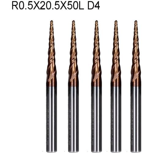 5PCS/LOT R0.5*D4*20.5*50L*2F HRC55 Tungsten solid carbide Tapered Ball Nose End Mills and cone cutter