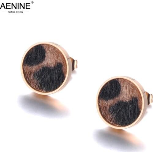 AENINE Leopard Print Horse Hair Pasted Round Stud Earrings Rose Gold Stainless Steel Earrings Jewelry For Women Girls AE19022
