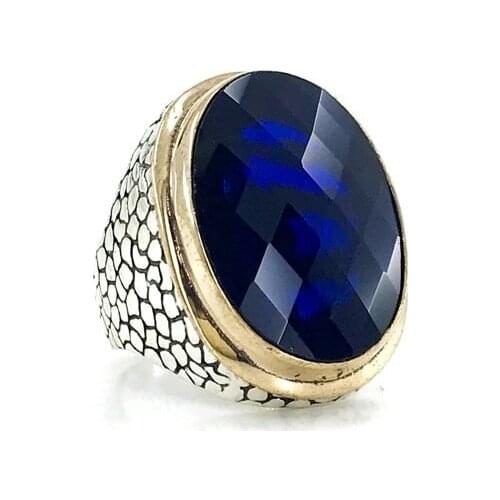 Big Oval Sapphire Stone Special Production Silver Men 'S Ring