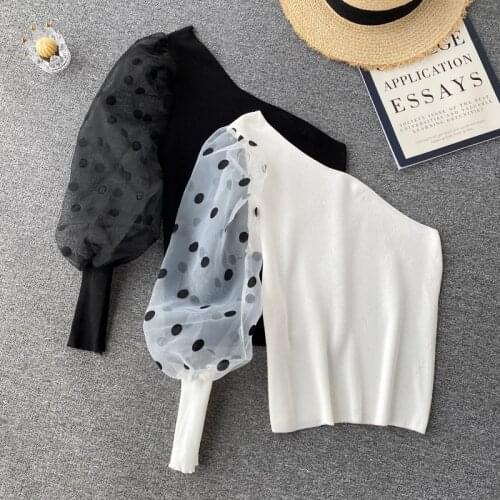 Croysier 2021 Fashion Women Clothing Tops Polka Dot Tulle Mesh Puff Long Sleeve One Shoulder Sweater Knitted Pullover Jumper