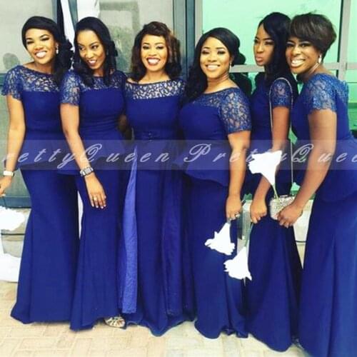2020 Mermaid Royal Blue Bridesmaid Dresses With Short Sleeves Sheer Neck Long Wedding Party Dress Vestido De Fiesta De Boda
