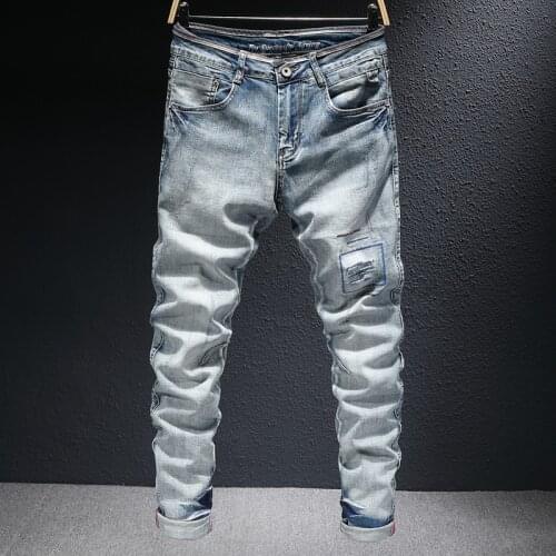 European Vintage Fashion Men Jeans Retro Light Gray Blue Elastic Slim Ripped Jeans Men Embroidery Designer Denim Pencil Pants