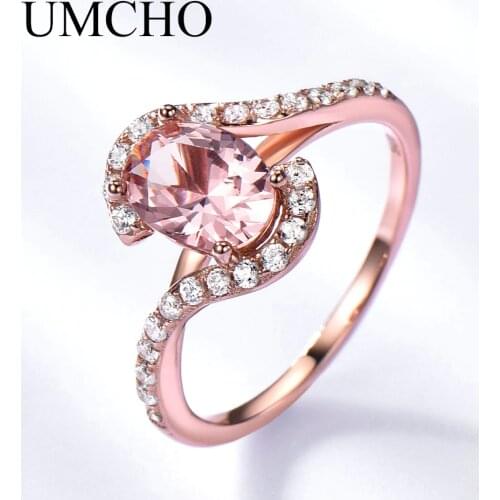 UMCHO Created Pink Morganite Real 925 Sterling Silver Rings Wedding Bands Charm Rings For Women Birthday Gift Fine Jewelry