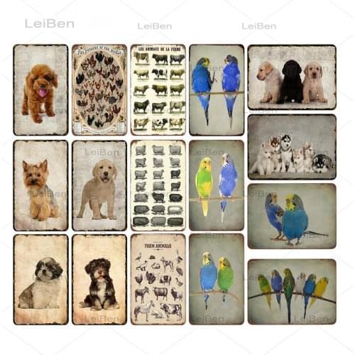 Animal Retro Metal Tin Sign Pet Dog Cute Parrot Metal Plaque Home Decoration Bar Pet Shop Vintage Chic Metal Plate Wall Sticker