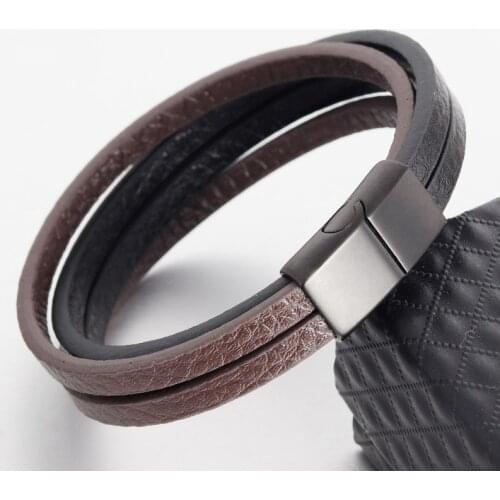 Punk Multi-layer Stainless Steel Buckle Black/Brown Genuine Leather Bracelet For Men Women Classic Design For Surprise Gift
