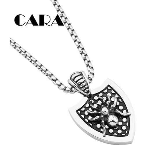 New men Stainless steel biker neckalce jewelry Vintage spider Shield pendant necklace fashion hip hop necklace men CAGF0391