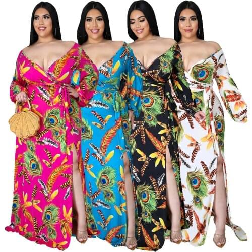 Zoctuo New Print Long Sleeve Dresses Casual Club Beach Party Split Deep V-neck Dress Sexy Plus Size L-5XL High Waist Maxi Dress