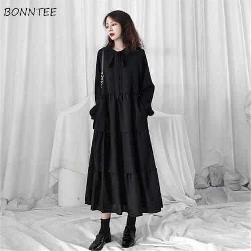 Long Sleeve Dresses Women Bow Solid Mid-Calf Black Scarf Collar French Style Vintage Loose Elegant Soft Simple All-match Chic
