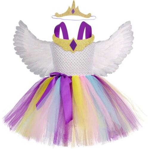 Princess Celestia Cosplay Tutu Dress for Girls New Year Costume for Kids Girl Unicorns Dresses with Angel Wings Children Clothes