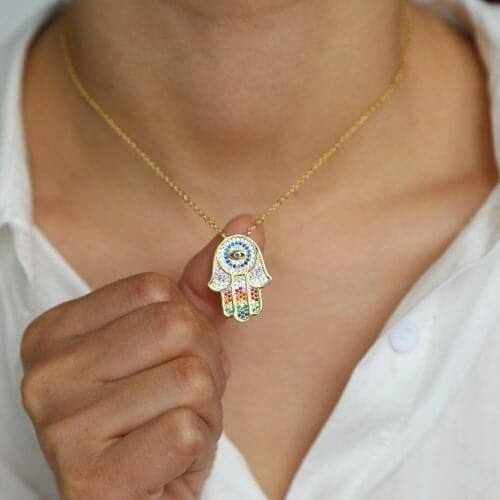 Rainbow hamsa hand fatimas hand pendant necklace Gold filled colorful cz paved high quality fashion jewelry