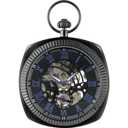 Retro Black Hand Winding Mechanical Pocket Watch Blue Roman Numerals Display Pendant Pocket Watch Luxury Vintage Clock Men Women