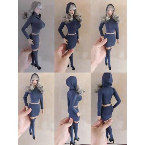 1:6 grey Womens Long Sleeve Hooded T-shirt + Hip Skirt Model F 12" female Doll