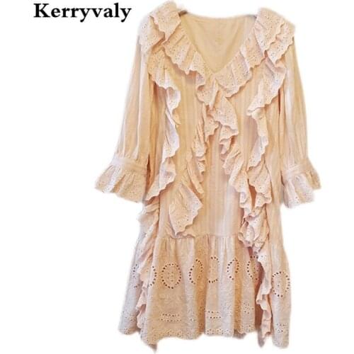 Fairy Princess V-neck Ruffled Thin Embroidered Lace Dress Woman Elegant Bottom Cotton Party Dresses Vestido Feminino K9847