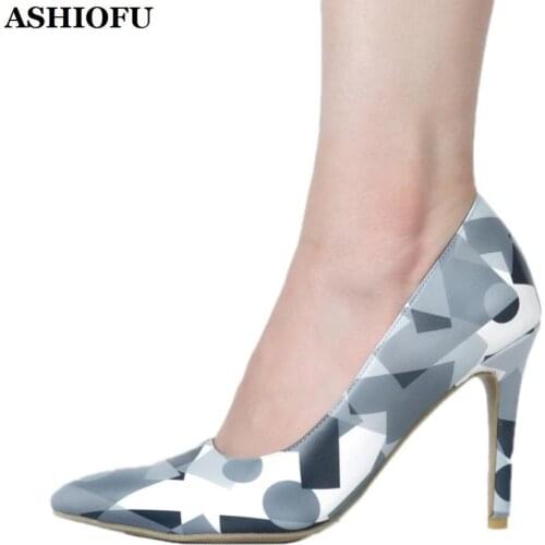 ASHIOFU New Handmade Womens High Heel Pumps Printing Leather Office Party Dress Shoes Slip-on Sexy Evening Fashion Court Shoes