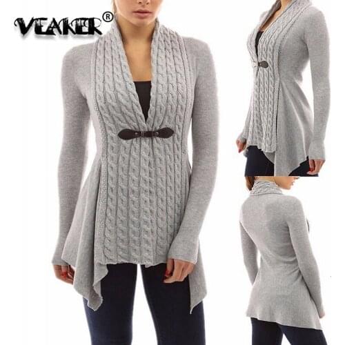 2019 New Autumn Womens Cardigan Coat Horn Button Knitting Sweater Long Sleeve Twist Knitted Sweater Cape Gray Elegent Sweaters