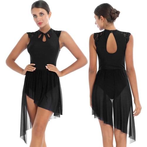 2021 Women Elegant Dance Dress Hollow Out Lace Sleeveless Asymmetrical Mesh Skirt Ballet Leotard Dresses Performance Costume