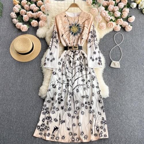 Europe Style New Fashion Spring Autumn Women O Neck Wrist Sleeve Vintage Print Long Dress With Belt Ladies Party Dresses Vestido