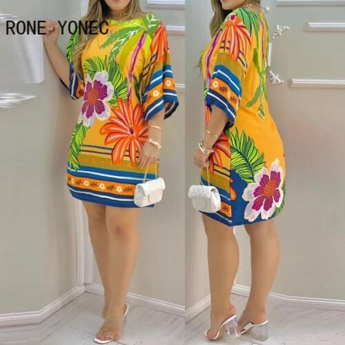 Women Elegant Dress Tropical Print Half Sleeve Casual Dress Summer Dress