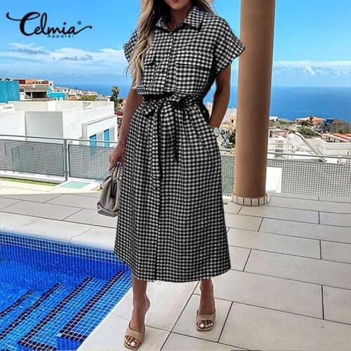Celmia Plaid Print Midi Shirt Dress Womens 2021 Fashion Turn-down Collar Dress Casual Loose Streetwear Short Sleeve Vestidos