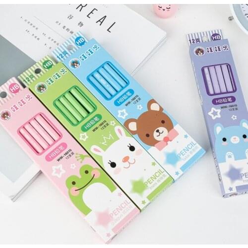 12pcs/box Kawaii Cartoon HB Wood Pencils For Kids HB Sketch Pencil Drawing Stationery Student School Office Supplies