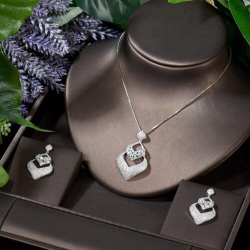 HIBRIDE Classic 2pcs Cubic Zircon Jewelry Set Geometric Design Necklace Earring Set for Women Wedding ensemble de bijoux N-1667